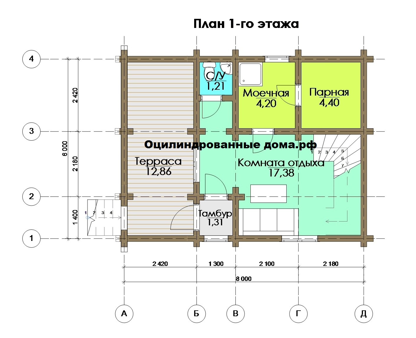 Проект дома-бани с мансардой из оцилиндрованного бревна 